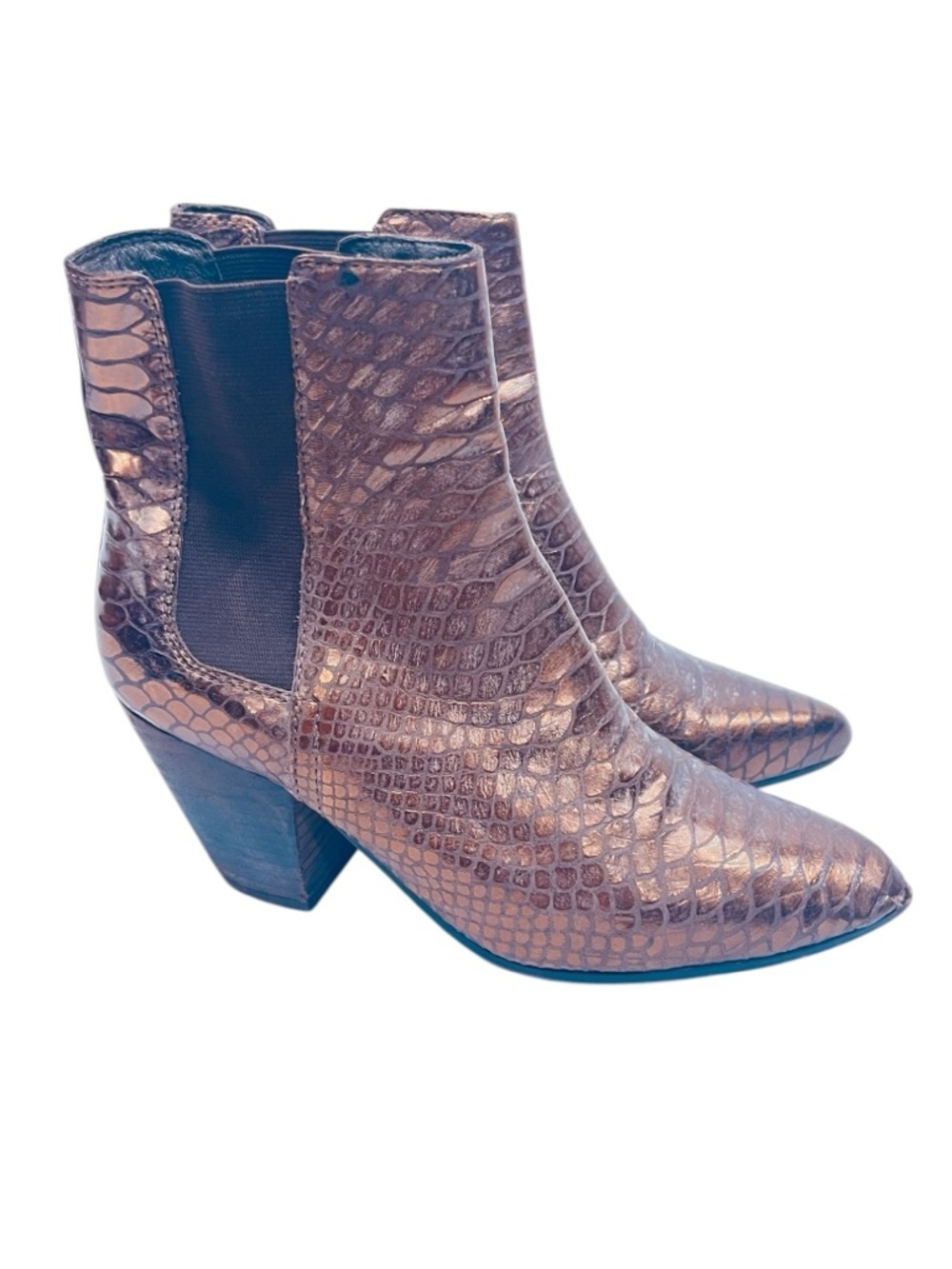 ASH Brown Metallic Snake-Embossed Pointed Leather Toe Chelsea Booties 37 - Picture 4 of 10